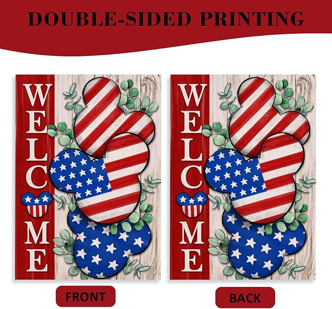 Welcome 4th of July Stars Stripes Patriotic Decorative Garden Flag, American USA Memorial Day Yard Outside Decorations, Summer Outdoor Small Home Decor Double Sided 12 x 18