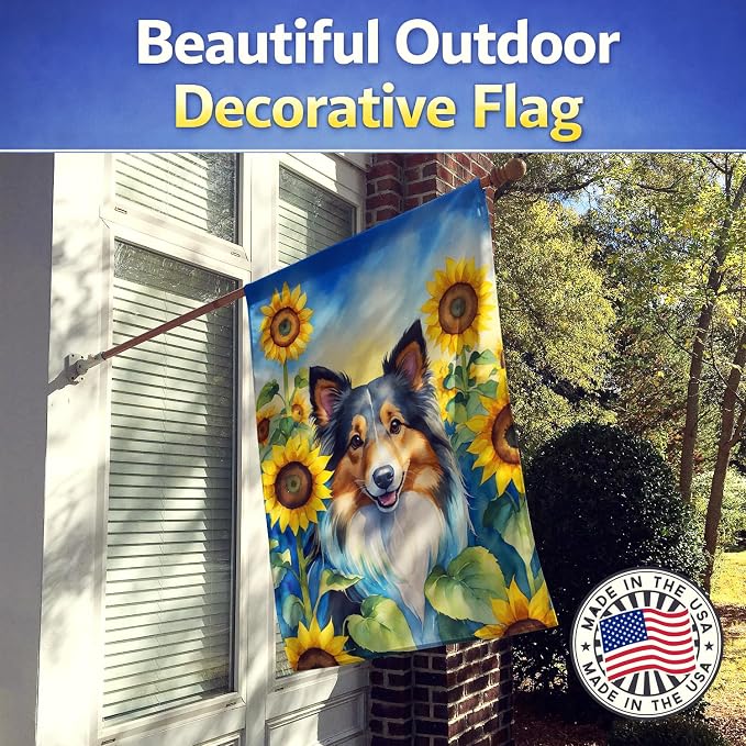 Caroline's Treasures DAC6160CHF Sheltie in Sunflowers House Flag Large Porch Sleeve Pole Decorative Outside Yard Banner Artwork Wall Hanging, Polyester, House Size, Multicolor