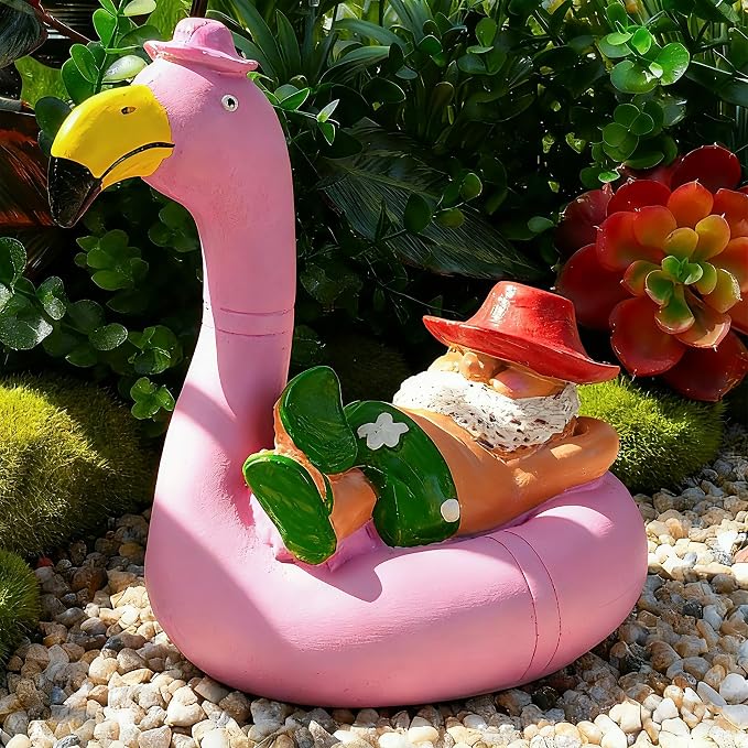 Teaeeno Garden Gnome on Flamingo - Funny Gnome Figurine - Cute Gnome Lawn Statue - for Outdoor or House Decoration