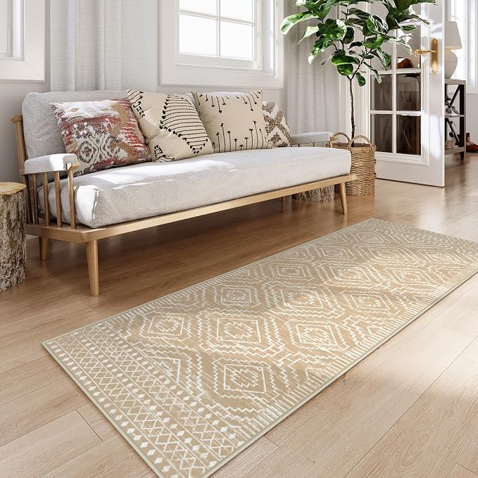 Wonnitar Washable Kitchen Runner Rug 2x6, Moroccan Runners for Hallway, Non Slip Bohemian Soft Bathroom Throw Mat Geometric Carpet Runner for Laundry Entryway Bedroom (Kakhi,2'x6')
