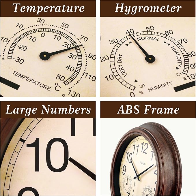 VIKMARI Indoor Outdoor Sealed Glass Clock Waterproof Silent Classic Quartz Clocks Thermometer and Hygrometer Combo Battery Operated Wall Clocks for Bathroom Patio Pool Wall Decor (12 Inch,Brown)