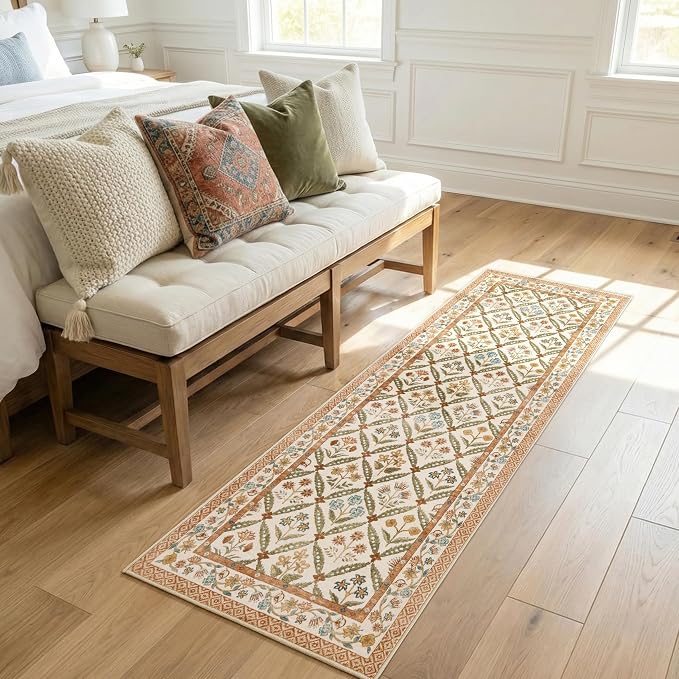 jinchan Runner Rug 2x6 Vintage Floral Washable Hallway Area Rug, Terracotta | Soft & Lightweight, Checkered Floral, Low Pile, Non Slip, Entryway, Kitchen, Bedside, Laundry Room, Cottage Decor