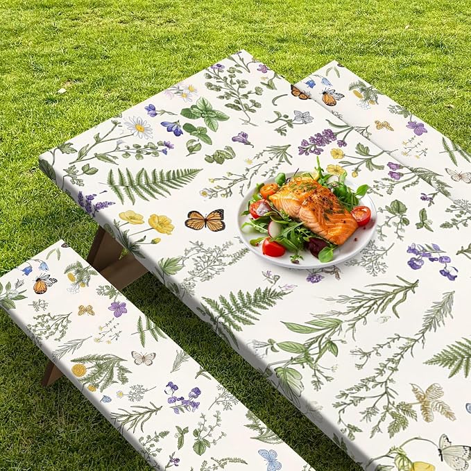 Picnic Table Cover with Bench Covers Elastic Edges, Wildflower Flower Camper Fitted Table Cover, Outdoor Camping Essentials 72 Inch 3PCS, Waterproof Camping Fitted Tablecloth with Drawstring Bag