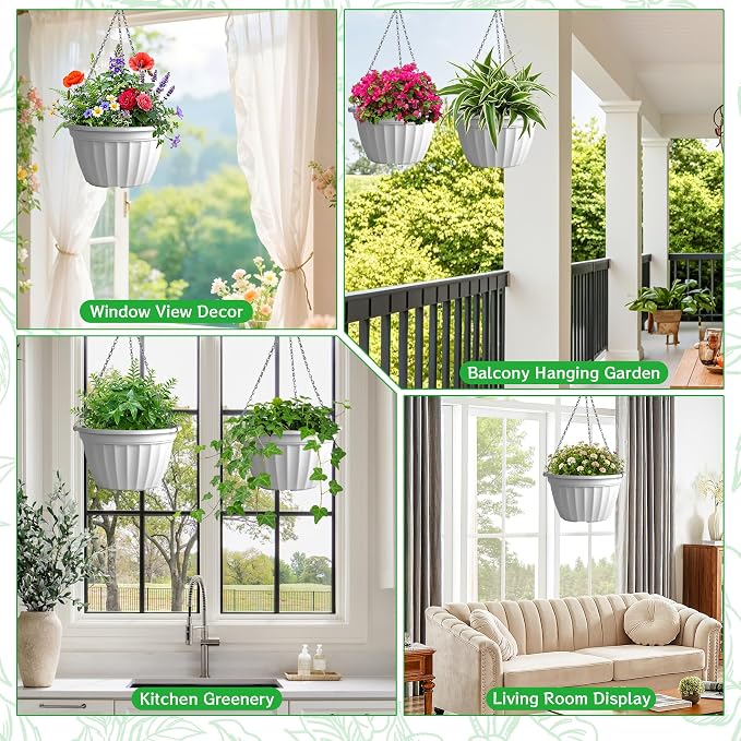 FGstyle 6 Pack Hanging Planters 8 Inch,Self Watering Pots for Indoor Plants,Plastic Hanging Basket with Soil Elevator and 20" Chain for Home Garden Porch Balcony Patio Decor(White)
