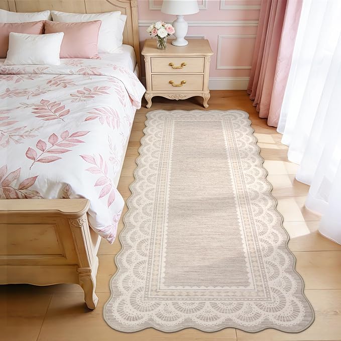 Garvee 2x6 Washable Scalloped Lace Runner Rug, Soft Rugs for Hallway Beige | Non Slip Entryway Rug, Scalloped Rug for College Playroom Kids Girls Room, Non-Shedding Low Pile Rugs Runner for Bedroom