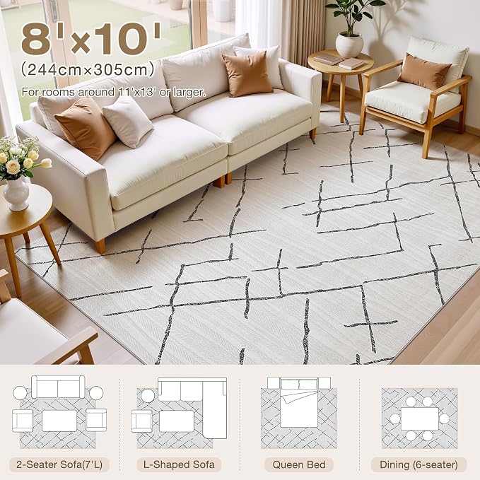 kakania Washable 8x10 Area Rug for Living Room: Boho Geometry Home Decor | Soft Stain Resistant, Low-Pile, Non-Slip, Pet & Kid Friendly, Thin Rug for Bedroom/Dining Room/Kids Dorm - Light Grey