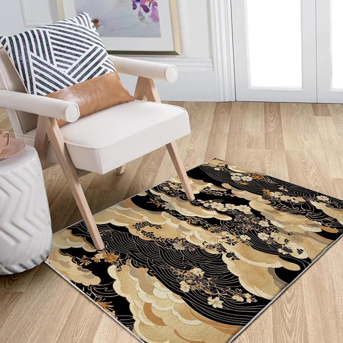 2x3 Black Area Rugs Boho Japanese Rug for Bathroom Kitchen Entryway Indoor Soft Non-Slip Thin Carpet Modern Abstract Rugs for Office Dining Room Under Table Washable Machine