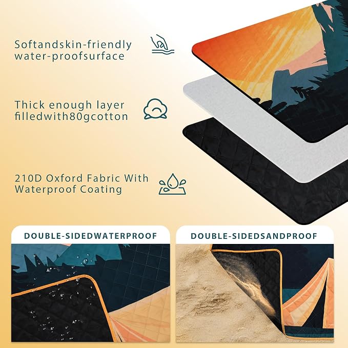 Tirrinia Picnic Blanket Waterproof, 70"x80" Extra Large Outdoor Blanket Waterproof, 3-Layer Foldable Picnic Mat with Sandproof Backing for Beach, Camping, Hiking, Park, Travel