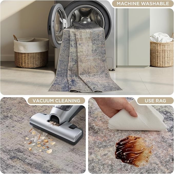 Joydeco 2x6 Runner Rug Modern Abstract Machine Washable Rug – Low Pile Faux Wool with Non-Slip Backing, Neutral Print Carpet Runner for Hallway, Kitchen, Entryway, Laundry and Bedroom, Beige&Blue&Pink