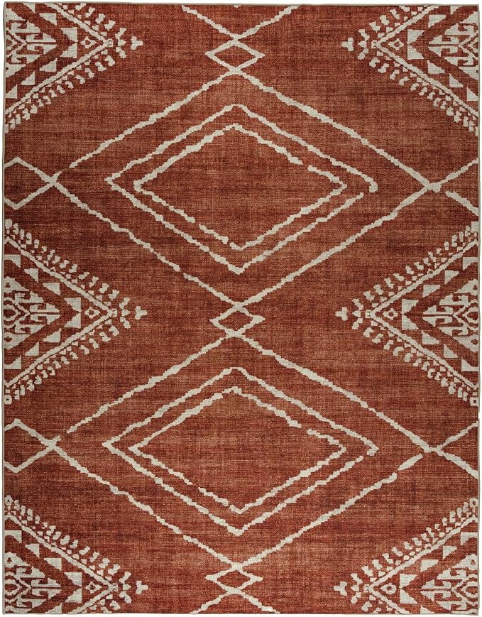 Machine Washable Area Rug - Living Room Bedroom Bathroom Kitchen Entryway Office - Padded Low Pile Stain Resistant Premium - Moroccan Diamond Tribal - Jax - Orange 5' x 7'