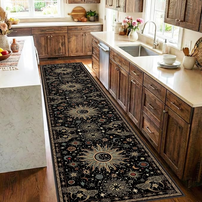 Vacuum-Friendly, 2x10 Washable Area Rug, Black Green Beige | Sun and Moon Boho Gothic Non-Slip Low Pile Living Roon Bedroom Dining Room Kitchen Entry Entryway Entrance Hallway Doormat