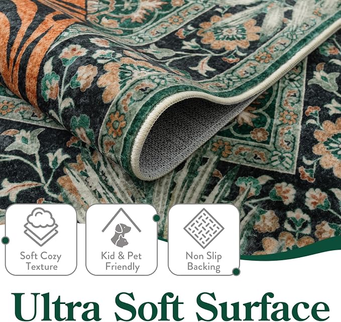 Moynesa Tiger 9x12 Washable Area Rug, Boho Green Rugs for Living Room, Non Slip Vintage Dining Room Rug, Botanical Ultra Thin Soft Stain Resistant Floor Carpet for Bedroom Home Office