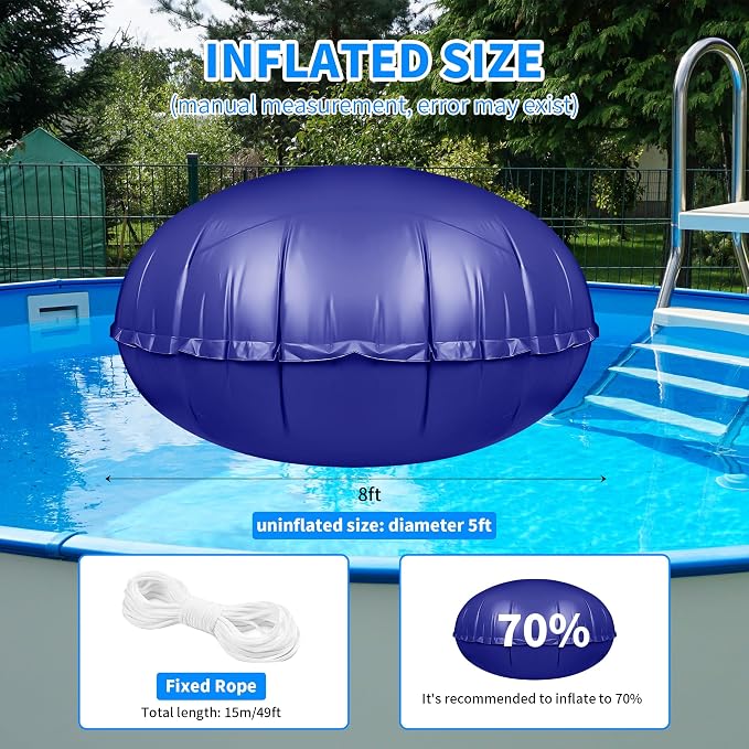 CACSPS Round Pool Pillow for Above Ground Pools - 8ft Air Pillow for Winterizing, 0.5mm PVC Material, 2x 16.5ft Rope
