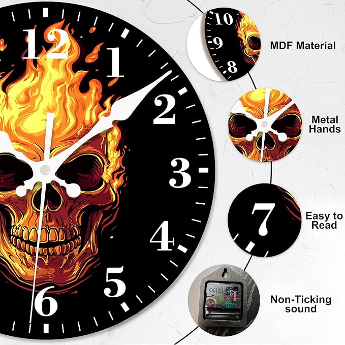 Wall Clock, Fire Skull Silent Non Ticking Battery Operated Round Decorative Indoor Outdoor Clocks for Living Room Kitchen Bedroom Bathroom Patio 12"