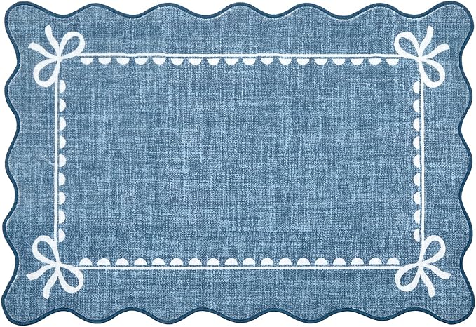 GarveeHome Scalloped Entryway Rug 2x3 Washable Bow Rug, Dark Blue | Non Slip Soft Low Pile Ultra-Thin Stain Resistant Indoor Carpet for Girls Dorm Nursery Bedroom Decor Hallway Kitchen Floor