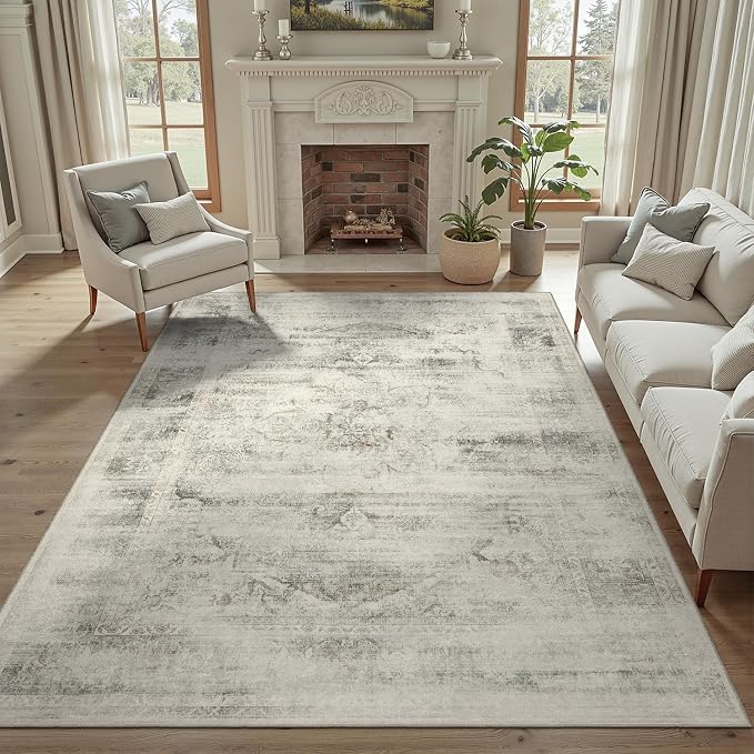 DCX Washable 5x7 Vintage Rug, Stain Resistant Distressed Beige Rug | Kid & Pet Friendly with Rubber Back Non Slip Soft Low Pile Large Carpet for Living Room, Bedroom, Home Office