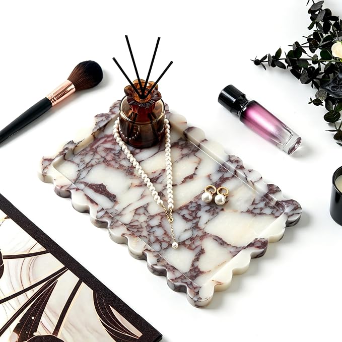 Luxury Natural Scalloped Marble Tray – 11.8 x 7.8-Inch Calacatta Viola Stone Vanity Tray, Elegant Catchall Organizer for Jewelry Perfume Keys, Unique Statement Tray for Bathroom Coffee Table & Dresser