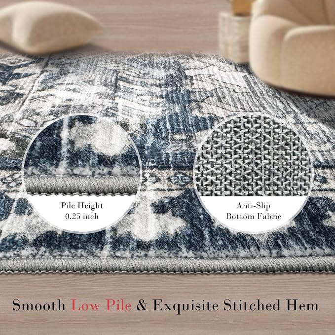 Washable Area Rugs - Perfect for Living Room, Bedroom, Kids Room, Nursery - Stain & Water Resistant Non-Slip, Pet & Child Friendly, Vintage Tribal Area Rugs (Grey and Bule, 2'6'' x 8')