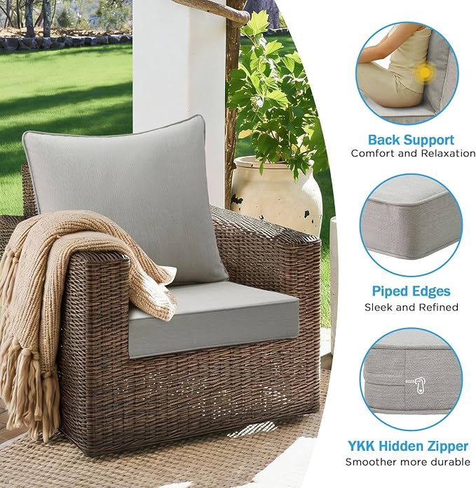 Sunbrella Outdoor Deep Seat & Back Cushion Set (2-Pack), 24 x 24 Inch Water Repellent and Fade Resistant Patio Furniture with Removable Cover for Outside Sofa Couch, Specrtum Pebble