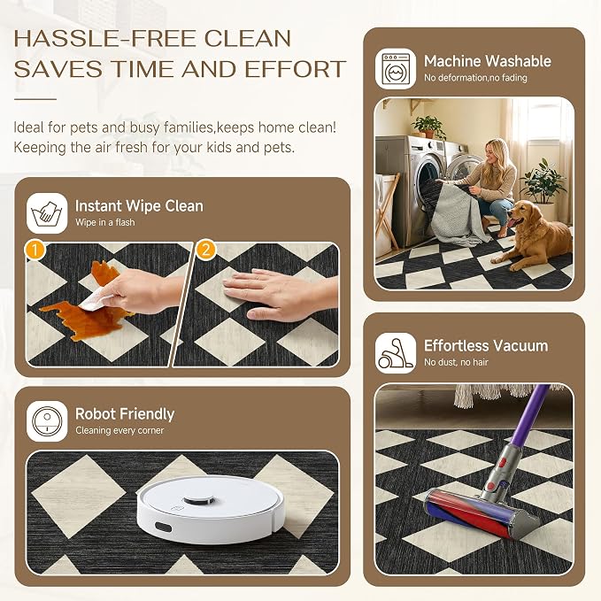 Black 2'6x8 Washable Runner Rug Kitchen Non Slip Checkered Carpet | Soft, Low Pile, Easy Clean, Diamond Pattern, for Hallway, Entryway, Laundry Room, Bathroom, Modern Indoor Decor