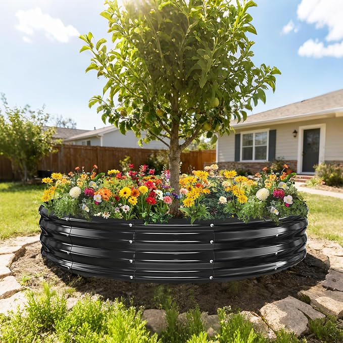 YSEJOMP 6FT Diameter Galvanized Garden Raised Bed/Plant Box/Fire Pit Ring-0.8mm Thick,12 Inch Tall,Crimped Edge and Corner,No Sharpe,Perfect for Plantings (Black, 72 Dia X 12 inches)