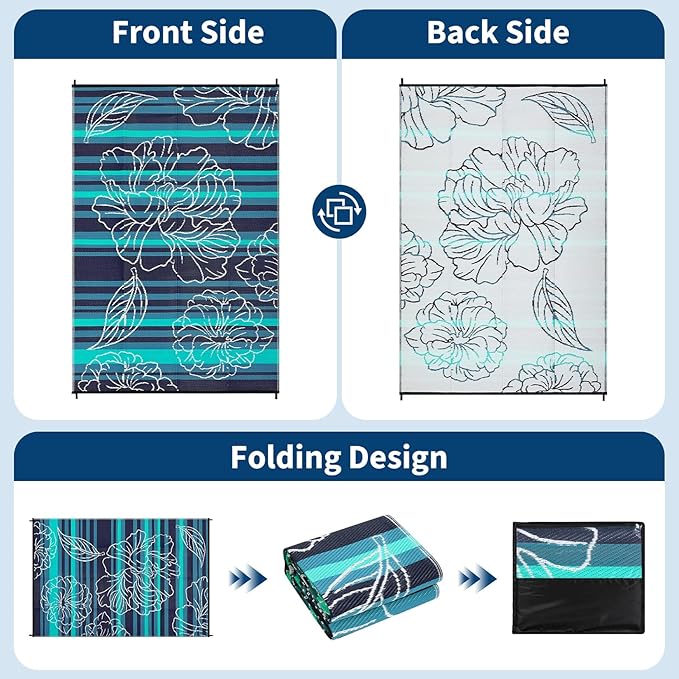 Garvee 5x8 Outdoor Waterproof Rug, Floral Outdoor Area Rug，Reversible Plastic Straw Patio Rug, Portable Camping Mat for RV, Picnic, Beach, Balcony, Garden & Camping Black&Blue