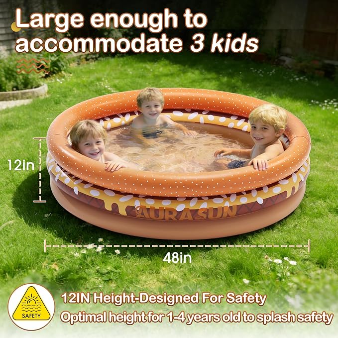 Inflatable Baby Pool Small Kiddie Swimming Pool, 3 Rings Round Pad Pool for Kids & Toddler, 48"X12" Portable Indoor Ball Pit Toys, Outdoor Water Play for Girl/Boy, Brown