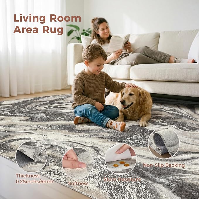 DMOYEST 9x12 Area Rug for Living Room Washable Abstract Indoor Carpet | Neutral Modern Low Pile Rugs Kid & Pet Friendly Large Soft Thin Carpet for Bedroom Dining Room and Office - Ash Grey