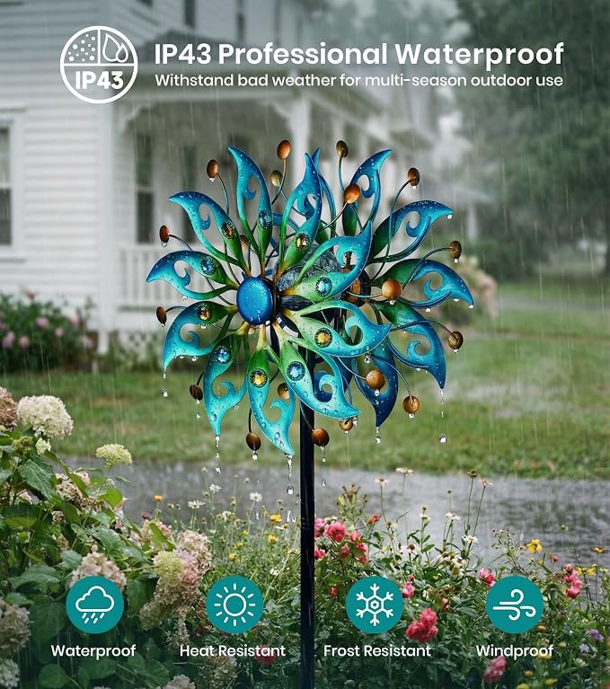 Solar Wind Spinners Outdoor, Yard Decorations Outdoor, Peacock Decor | Hand-Crafted Art,Weather-Resistant,Heavy-Duty,Whisper-Quiet Dual-Bearing,Auto-Glow Solar Crackle Ball,Stable 5-Prong Stake