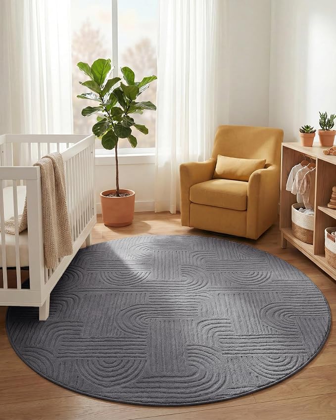 Carvapet 5.2ft Round Abstract Rug Dark Gray Washable High Low Pile Carpet | Soft plush textured rug with non slip backing for living rooms, bedrooms, nurseries and cozy indoor spaces