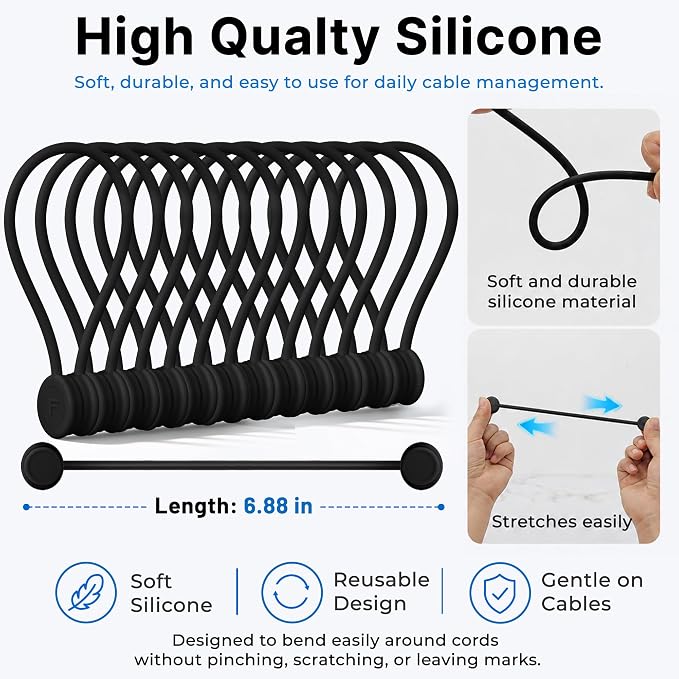 COOLMI Magnetic Cable Ties 12 Pack, 6.88 Inch Reusable Silicone Cord Organizer Wraps, Strong Magnet Cable Management Straps for Charging Cords, USB Cables, Earbuds, Desk, Travel, Black