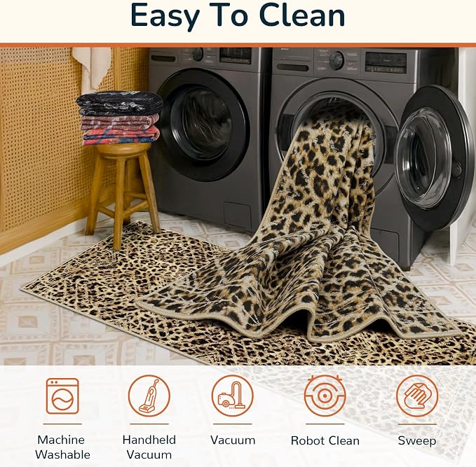 5'x7' Washable Area Rug for Living Room Bedroom Leopard | Soft Western No Slip Low Pile Print Foldable Indoor for Kitchen Dining Room