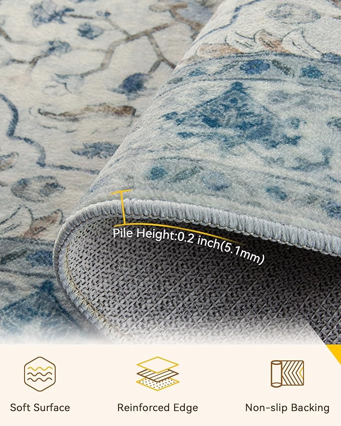 RELEANY Washable Area Rug, 3'x5', Blue/White/Gray | Non-Slip, Water Repellent, Pet Friendly, Easy to Clean, Vintage Floral Boho Decor for Living Room Bedroom Beside Kitchen