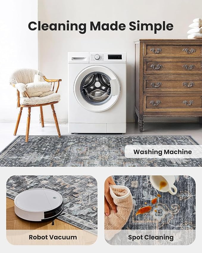 AMADA HOMEFURNISHING 5x7 Area Rugs, Washable Living Room Rug Low-Profile with Non-Slip Backing & Durable Edge Binding, Vintage 5x7 Rugs for Living Room, Bedroom, Dining Room