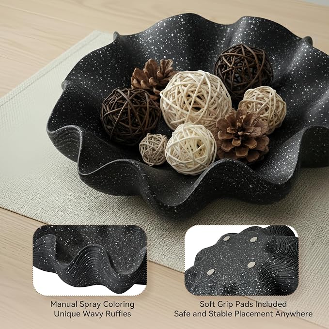Scalloped Decorative Bowl Home Decor - 12.6" Modern Handicraft Large Shell Ruffle Decorative Fruit Bowl for Kitchen Counter, Chic Key Tray for Entryway Table, Starry Black