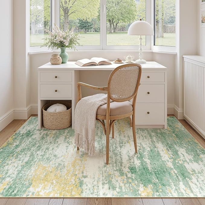 5x7 Area Rug for Living Room, Abstract Washable Non-Slip Rugs, Light Green | Soft Neutral Carpet for Bedroom, Dining Room, Home Office Nursery Indoor, Stain Resistant,Low Pile, Modern Rug