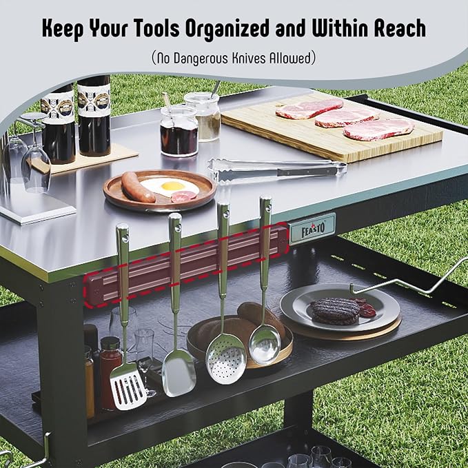 Feasto Outdoor Grill Table, Prep Table with Wheels, 31.5"x18" | Seasoning Rack & Magnetic Tools Holder, Backyard BBQ Kitchen Food Prep Table for Portable Griddle & Pizza Oven