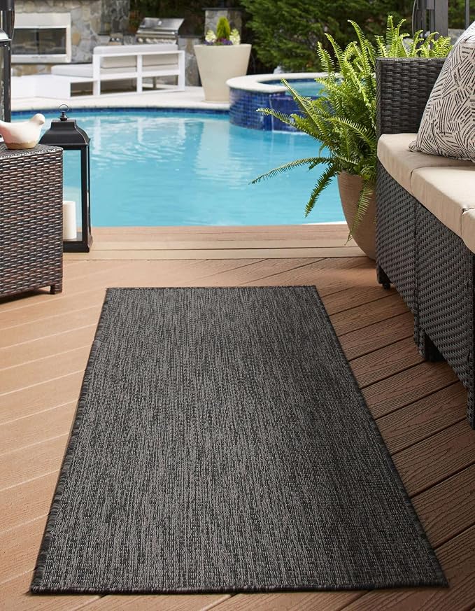 Unique Loom Collection Casual Transitional Solid Heathered Indoor/Outdoor Flatweave Area Rug (2' x 8' Runner, Black/Ivory)