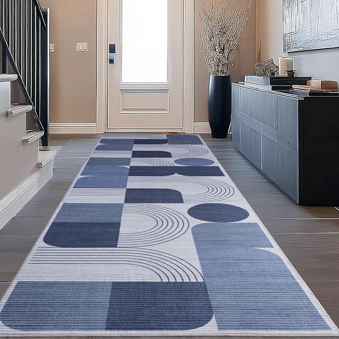 Soft Modern Geometric Abstract Machine Washable 2.7x10 Runner Rug | Blue Rugs for Bedroom Living Room, Non-Shedding Faux Wool Indoor Throw Floor Carpet for Office Entryway Dining Room Decor