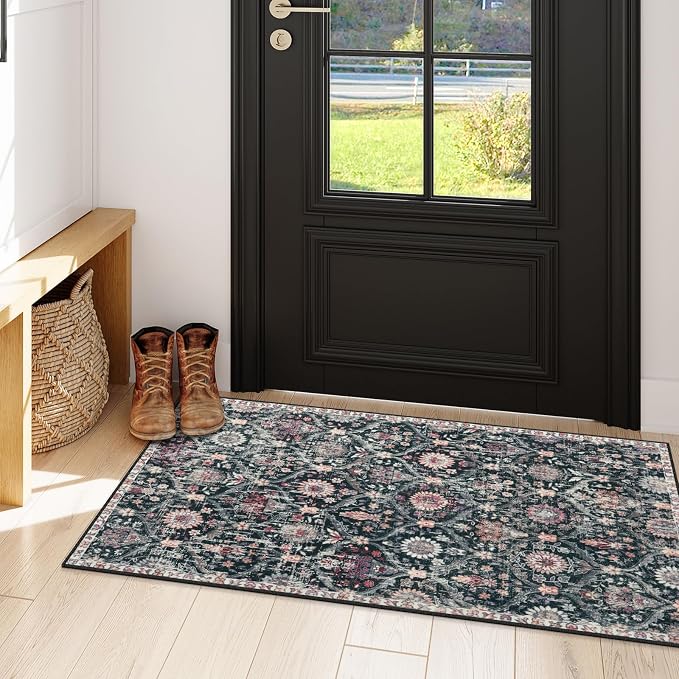 Lahome Kitchen Rugs Non Slip Washable Rugs for Entryway, Black 2x4 Rug | Non-Slip Moroccan Trellis Ultra-Thin Indoor Door Mat Small Carpet for Bathroom Bedroom Entry Elise, Black/Multi