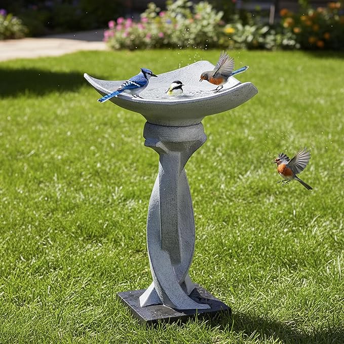 SKYFIRE 22.8" Tall Modern Bird Bath, Concrete Sculptural Pedestal Birdbath, Contemporary Outdoor Yard Statue with Twisted Base for Garden, Patio, Backyard Decor - 14.5" Dia x 22.8" H