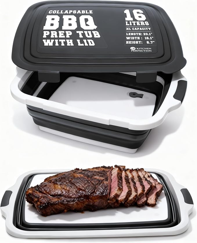 KITCHEN PERFECTION Collapsible XL Smoker & BBQ Prep Tub with Locking Lid | Includes Cutting Board, Meat Marinade & Brine Container For Turkey, Brisket & Ribs - Best Grill Accessories Gifts For Men