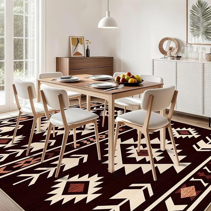 Western Area Rug 4x6 for Living Room, Southwestern Aztec Tribal Area Rugs Southwest Navajo Machine Washable Rug Non-Slip Printed Low-Pile Floor Carpet for Bedroom Dining Room Office, Red Brown