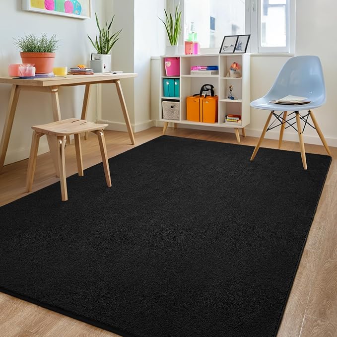 6x9 Black Area Rug Modern Aesthetic Minimalist | Washable Memory Foam, Low Pile Non Slip Indoor Carpet for Living Room Bedroom Office Classroom College Dorm Room Home Decor