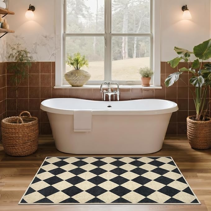GarveeHome Checkered Entryway Rug 2x3 Black Diamond Washable Front Door | Rug Indoor Entrance Plaid Carpet Non-Slip Low Pile Throw Rugs for Kitchen Floor, Powder Room, Entry, Bathroom, Kids Room