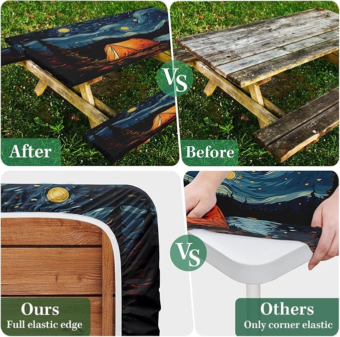 Picnic Table Cover with Bench Covers Elastic Edges, Art Camper Fitted Table Cover, Outdoor Patio Camping Essentials 72 Inch 3PCS, Waterproof Camping Fitted Tablecloth with Drawstring Bag