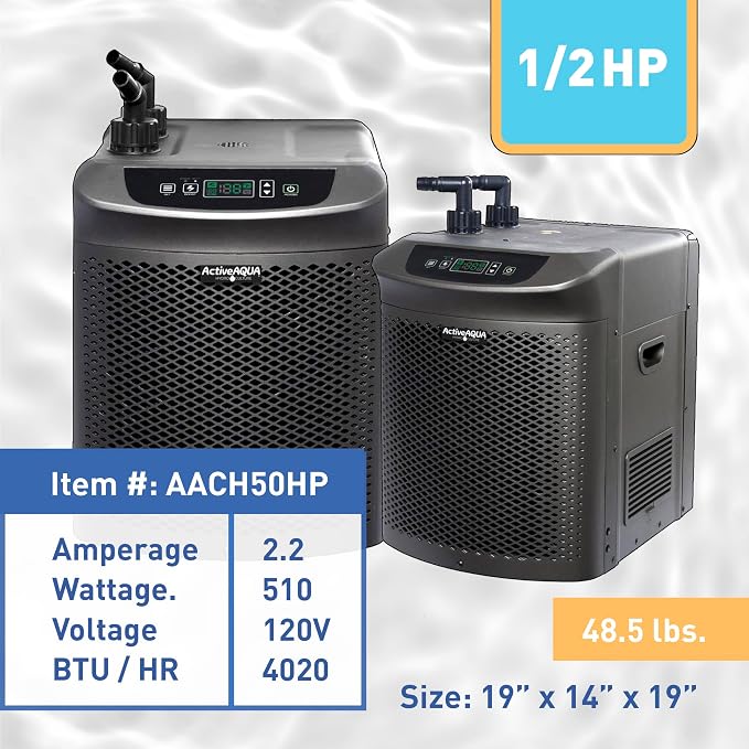 Active Aqua 0.5 HP Water Chiller with Boost | Cold Plunge & Ice Bath Cooler | Rapid Digital Temp Control | Fresh & Salt Water, Hydroponics, Aquariums | 90–172 Gal (0.5 HP) | 172 gal Capacity, 4020 BTU Per Hour, Titanium Evaporator, 120 V 510 W, Digital...