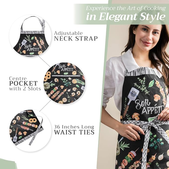 Maison d' Hermine Aprons for women with Pocket 100% Cotton (27.50"x31.50") | Adjustable Neck Strap & long ties Apron Men Chef Wedding Cooking Gardening Server Maid
