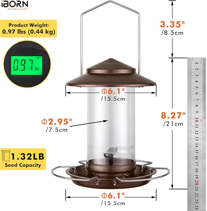 iBorn Bird Feeder Metal Squirrel Chew Proof Bird Feeders for Outdoors Hanging Outside for Cardinal, Holds 1.32LB Seed with 3 Perchs, Brushed Coffee (Seed is not Included)