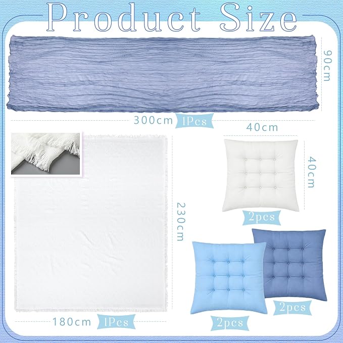 8 Pcs Fit for 6 People 91 x 71'' Extra Large Outdoor Picnic Blanket with Blue White Table Runner and Floor Pillow Cushion Fit for 6 People Picnic Wedding Birthday Baby Shower Backyard Decor